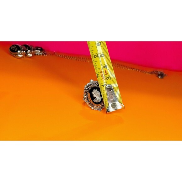 Vintage Whiting Davis Cameo Necklace Ring Earrings Set Silver Tone Jewelry Onyx - Picture 6 of 16